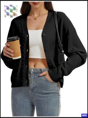 Oversized V-Neck Cardigan Cable Knit Chunky Open Front Button Down Sweater